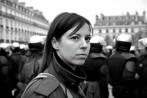 hembra activista protestando con megáfono durante un Huelga con grupo de demostrador en antecedentes. mujer protestando en el ciudad. neural red ai generado foto