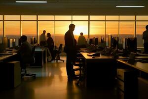 Stock market business and trading concept with group of people in office at sunset. Neural network AI generated photo