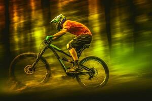 Mountain Bike cyclist riding single track. Neural network AI generated photo