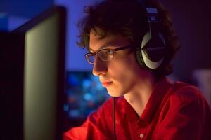 professional gamer playing tournaments online games computer with headphones, red and blue. Neural network AI generated photo