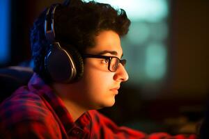 professional gamer playing tournaments online games computer with headphones, red and blue. Neural network AI generated photo