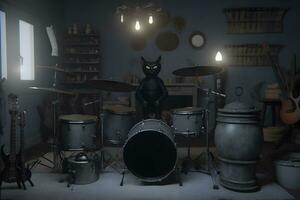 stylish cat drummer. Neural network AI generated photo