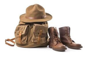 Travel set isolated on white background. Hat, backpack and boots. Neural network AI generated photo