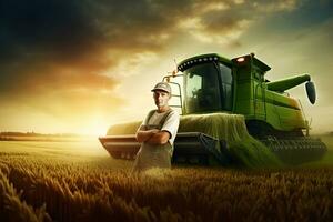 granjero y agrícola tractor en el campo. neural red ai generado foto