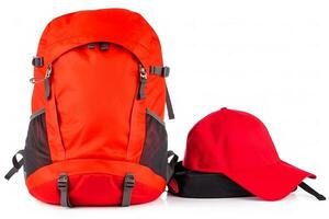 Travel set isolated on white background. Hat, backpack and boots. Neural network AI generated photo