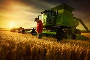 granjero y agrícola tractor en el campo. neural red ai generado foto