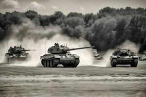 grupo de principal batalla tanques con un ciudad en fuego en el antecedentes. uno tanque disparo un cáscara desde el barril. militar o Ejército especial operación. neural red ai generado foto