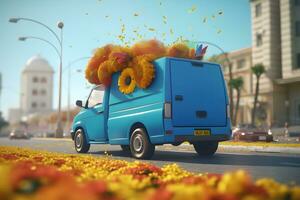 Truck of flowers colorful dalia. Neural network AI generated photo
