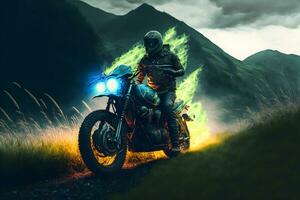 motocicleta conductor montando en suburbio la carretera en montañas zona a noche. neural red generado Arte foto
