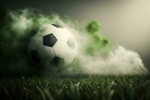 Traditional soccer ball on soccer field on green grass with dark toned foggy background. Neural network generated art photo