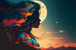 Abstract mystical woman silhouette against fairytale night epic sky in blue and orange tones. Neural network generated art photo