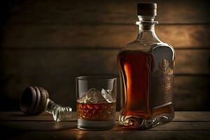 antiguo whisky vaso cerca a Clásico botella en de madera mesa. neural red generado Arte foto