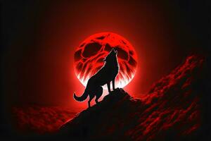 Howling wolf against the full moon background and the wilderness. Neural network generated art photo