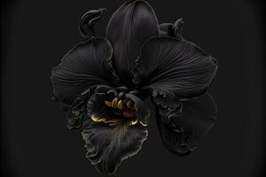 Rare blooming large black orchid of genus Big Lip phalaenopsis flowers isolated on dark black background. Neural network generated art photo