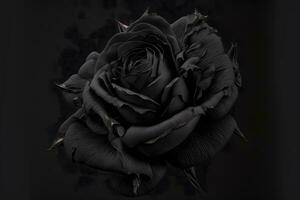 Black monochrome rose flower on deep dark background. blue and purple color tones. Neural network generated art photo