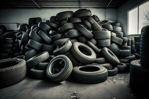 Big pile of used old car tires for recycling. Neural network generated art photo