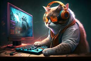 Cat as video game live stream gamer use PC computer for entertainment. Neural network generated art photo