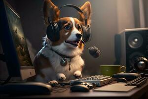 Dog as video game live stream gamer use PC computer for entertainment. Neural network generated art photo