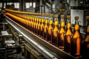 Beer bottles on the conveyor belt. Beverage manufacturing brevery. Neural network generated art photo