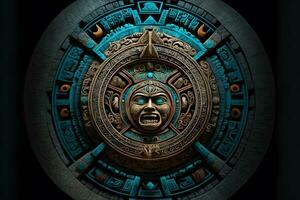 cerca ver de el antiguo azteca maya calendario con redondo modelo y alivio en Roca superficie. neural red generado Arte foto
