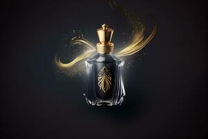 vaso botella de perfume con vistoso arco iris chapoteo en negro antecedentes. neural red generado Arte foto