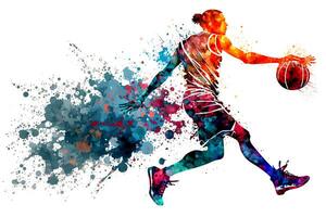 Basketball watercolor splash player in action with a ball isolated on white background. Neural network generated art photo