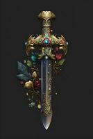 Medieval sword and scabbard. Fantasy golden sword with long blade. Neural network generated art photo