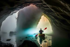 Kayakers enjoying the beautiful rocky landscape. Neural network generated art photo