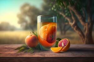 Glass of abstract fruit juice with fresh fruits on wooden table with summer field background. Neural network generated art photo