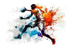 Basketball watercolor splash player in action with a ball isolated on white background. Neural network generated art photo