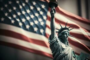 estatua de libertad en el antecedentes de el americano bandera. democracia y libertad concepto. neural red ai generado Arte foto