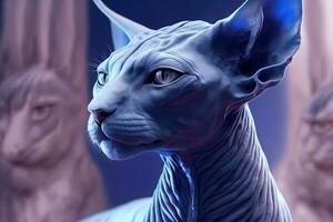 Beautiful Sphynx cat portrait in blue colors. Neural network generated art photo