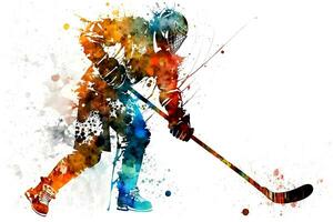 Sportsman playing hockey on watercolor rainbow splash. Neural network generated art photo