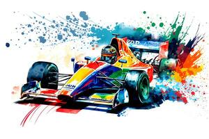 formula one race red car on watercolor rainbow splash, isolated on white. Neural network generated art photo