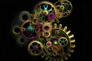 Rainbow gears on a black background multi-colored mechanism. Neural network AI generated art photo