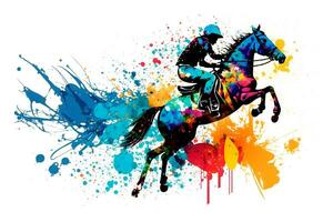 Race horse with jockey on watercolor splatter background. Neural network generated art photo