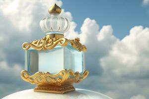 beautiful perfume bottle against the background of the sky and clouds. Neural network AI generated art photo