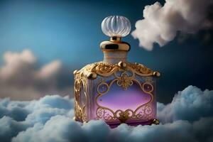 beautiful perfume bottle against the background of the sky and clouds. Neural network AI generated art photo