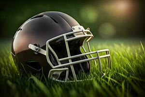 American football helmet on green grass. Neural network AI generated art photo