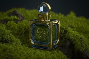 Perfume bottle in a green forest on a mossy substrate. Neural network generated art photo