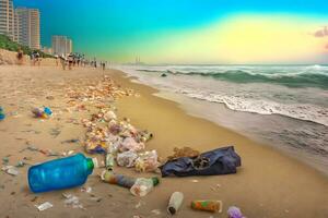 derramado basura en playa de grande ciudad. vacío usado sucio el plastico botellas sucio mar arenoso apuntalar el negro mar. ambiental contaminación. ecológico problema. neural red ai generado foto