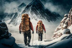 grupo de turistas en invierno en el montañas. trabajo en equipo concepto. neural red ai generado foto