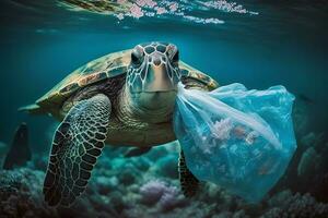 Underwater concept of global problem with plastic rubbish floating in the oceans. Hawksbill turtle in caption of plastic bag. Neural network AI generated photo