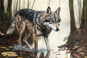 Wild wolf in the mountains near the lake. Neural network AI generated photo