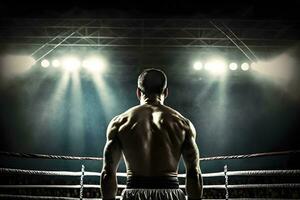 profesional Boxer luchando en el grandioso arena panorama vista. neural red ai generado foto