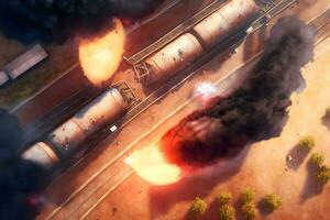explosion of wagons at the railway station. Neural network AI generated photo