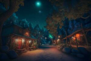 Street view of fantasy fairy tale medieval village. Neural network AI generated photo
