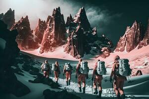 grupo de turistas en invierno en el montañas. trabajo en equipo concepto. neural red ai generado foto