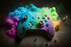 Game joystick on colorful splash background. Neural network AI generated photo