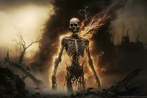 Scary skeleton on fire. Neural network AI generated photo